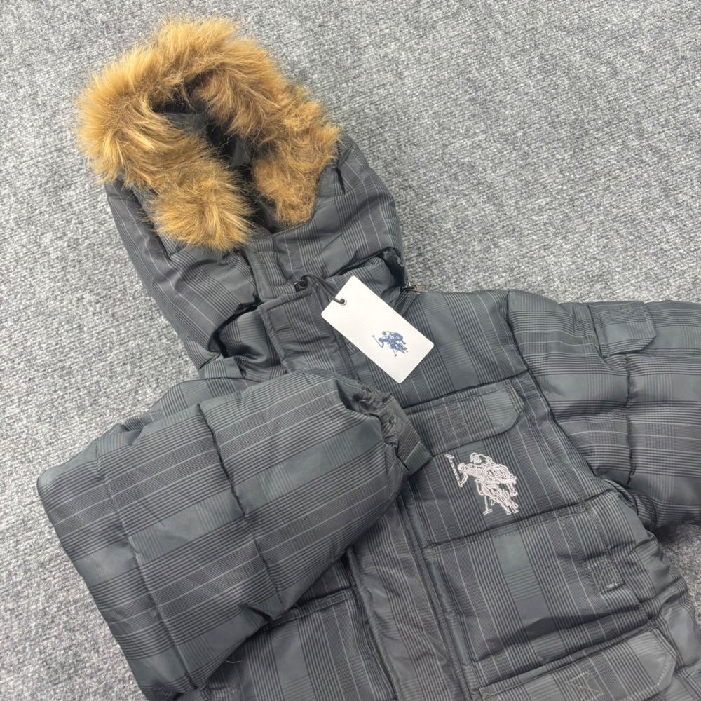 U.S. Polo Assn Puffer Jacket 5/6 Gray Plaid Faux Fur Hooded Coat NWT Kids
